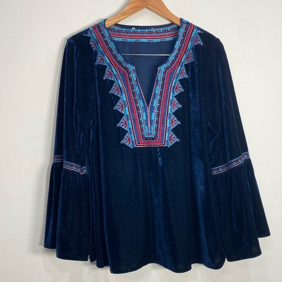 Embroidered Velvet Bell Sleeve Top - Picture 1 of 7